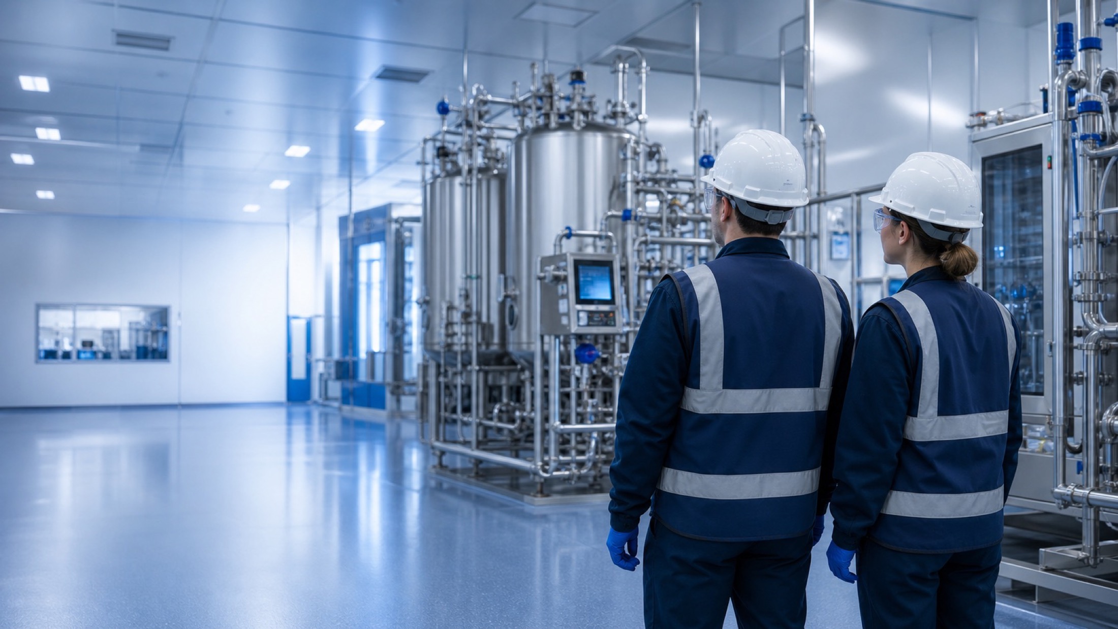 Life-sciences delivery professionals inside a modern biopharmaceutical manufacturing suite
